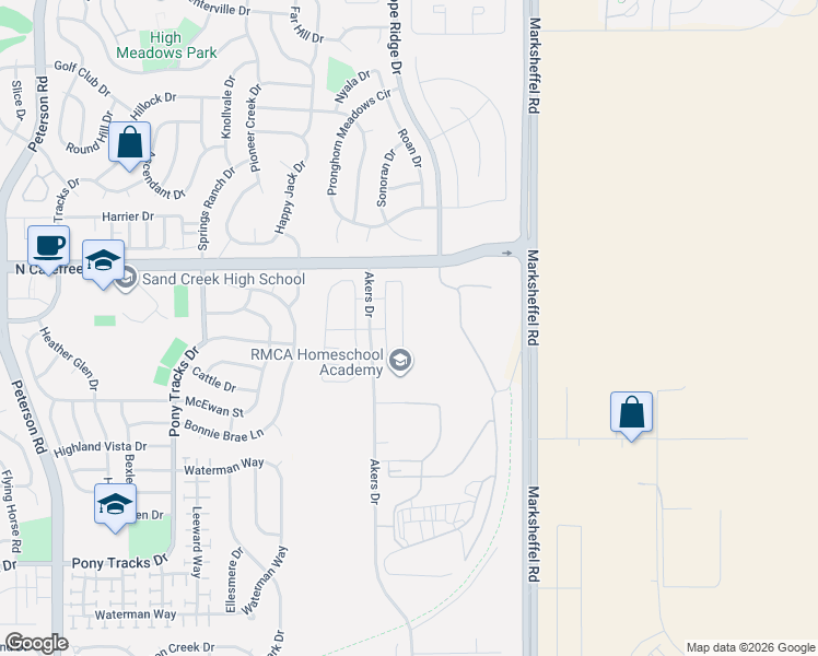 map of restaurants, bars, coffee shops, grocery stores, and more near 3565 Akers Drive in Colorado Springs