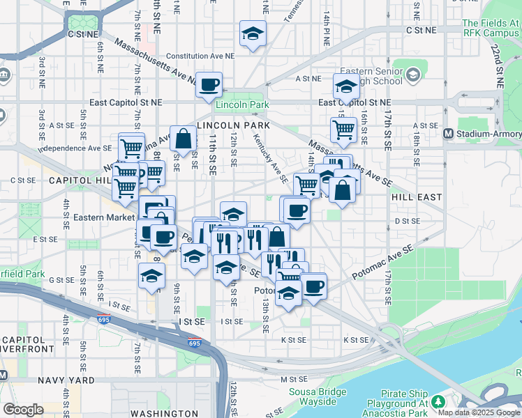 map of restaurants, bars, coffee shops, grocery stores, and more near 101 Independence Avenue Southeast in Washington