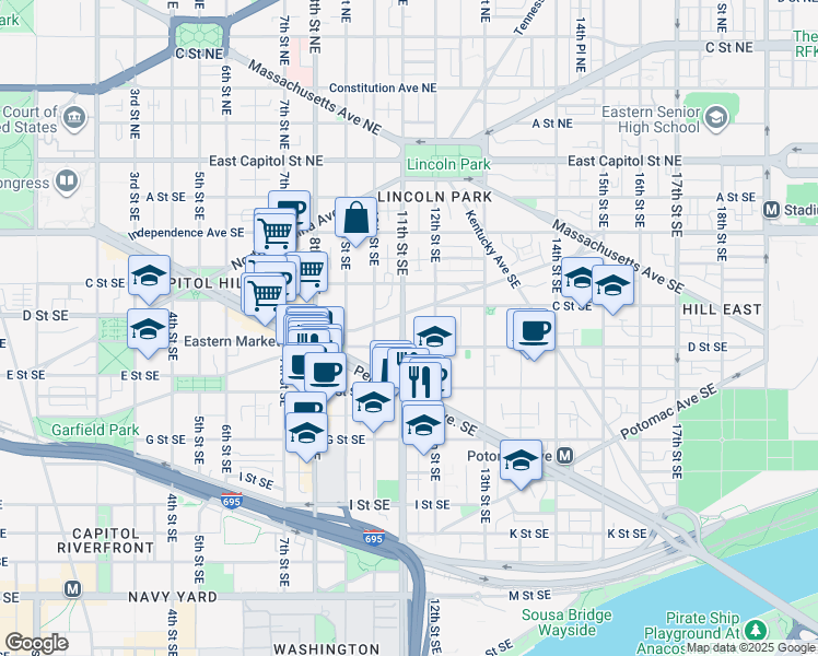 map of restaurants, bars, coffee shops, grocery stores, and more near 334 11th Street Southeast in Washington