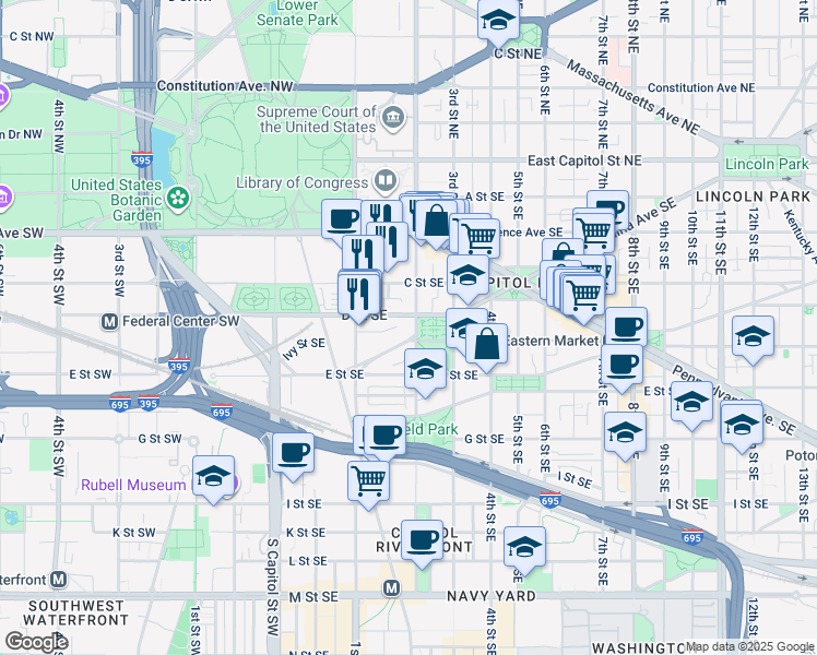 map of restaurants, bars, coffee shops, grocery stores, and more near 101 Independence Avenue Southeast in Washington
