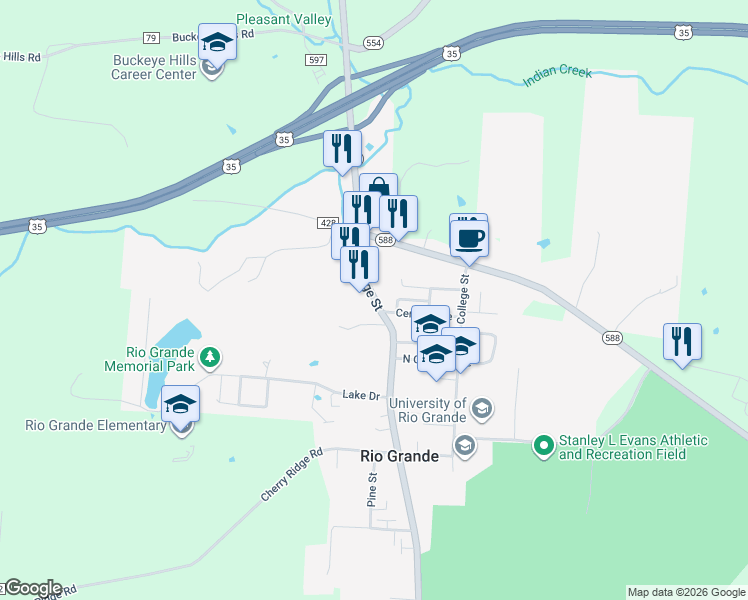 map of restaurants, bars, coffee shops, grocery stores, and more near 164 Ohio 325 in Rio Grande