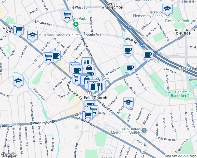 map of restaurants, bars, coffee shops, grocery stores, and more near 200 North Maple Avenue in Falls Church