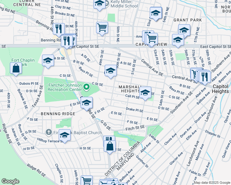 map of restaurants, bars, coffee shops, grocery stores, and more near 5000 Call Place Southeast in Washington