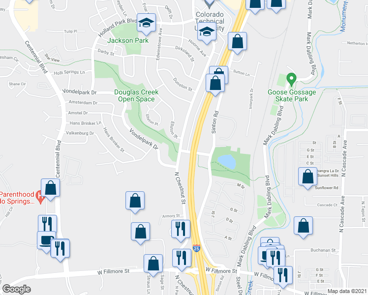 map of restaurants, bars, coffee shops, grocery stores, and more near 3701 North Chestnut Street in Colorado Springs