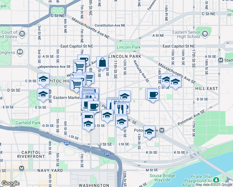 map of restaurants, bars, coffee shops, grocery stores, and more near 334 11th Street Southeast in Washington