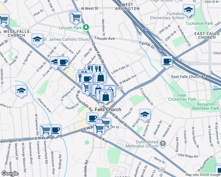 map of restaurants, bars, coffee shops, grocery stores, and more near 200 North Maple Avenue in Falls Church