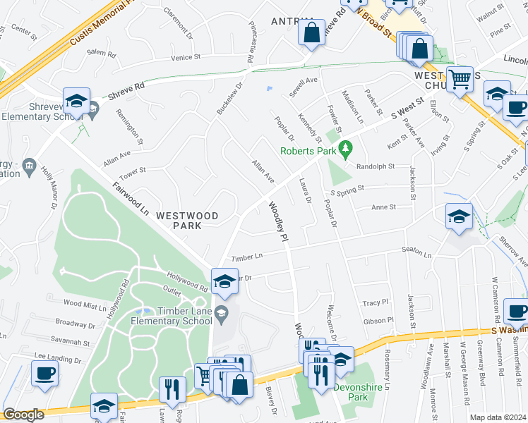 map of restaurants, bars, coffee shops, grocery stores, and more near 2603 Faber Court in Falls Church