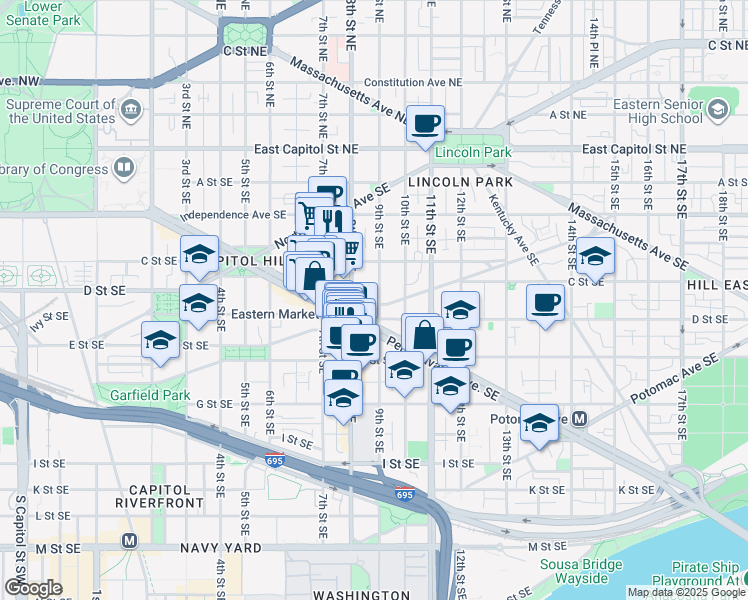 map of restaurants, bars, coffee shops, grocery stores, and more near 101 Independence Avenue Southeast in Washington