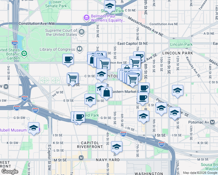 map of restaurants, bars, coffee shops, grocery stores, and more near 101 Independence Avenue Southeast in Washington