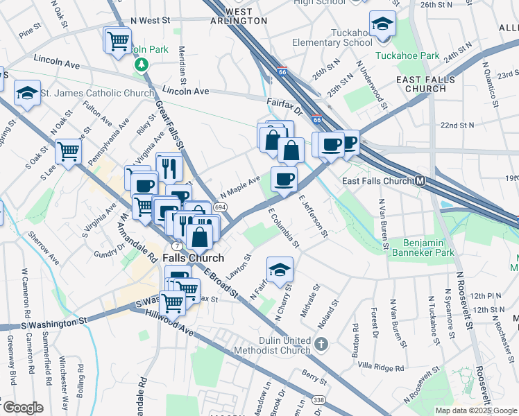 map of restaurants, bars, coffee shops, grocery stores, and more near North Washington Street in Falls Church