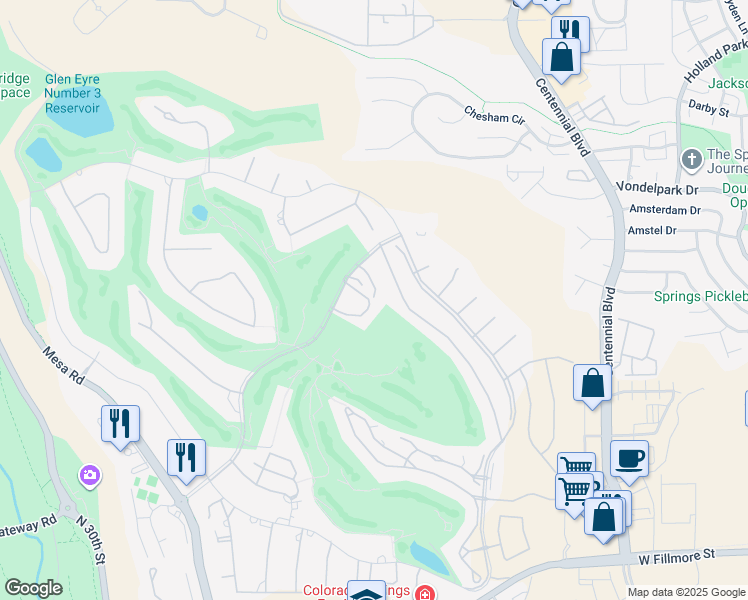map of restaurants, bars, coffee shops, grocery stores, and more near 5208 Kissing Camels Drive in Colorado Springs