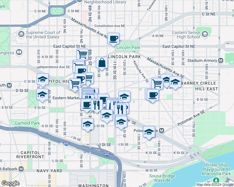 map of restaurants, bars, coffee shops, grocery stores, and more near 101 Independence Avenue Southeast in Washington