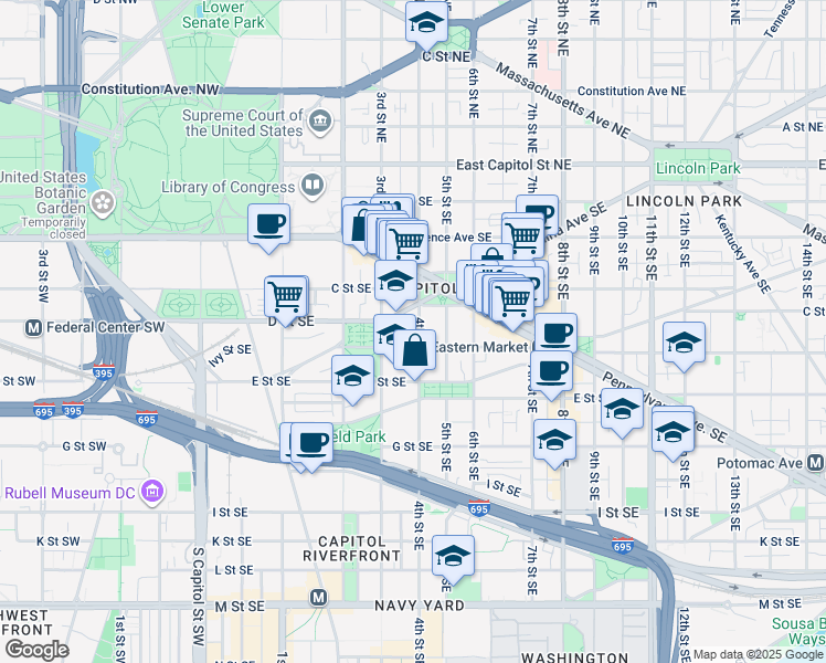 map of restaurants, bars, coffee shops, grocery stores, and more near 319 4th Street Southeast in Washington