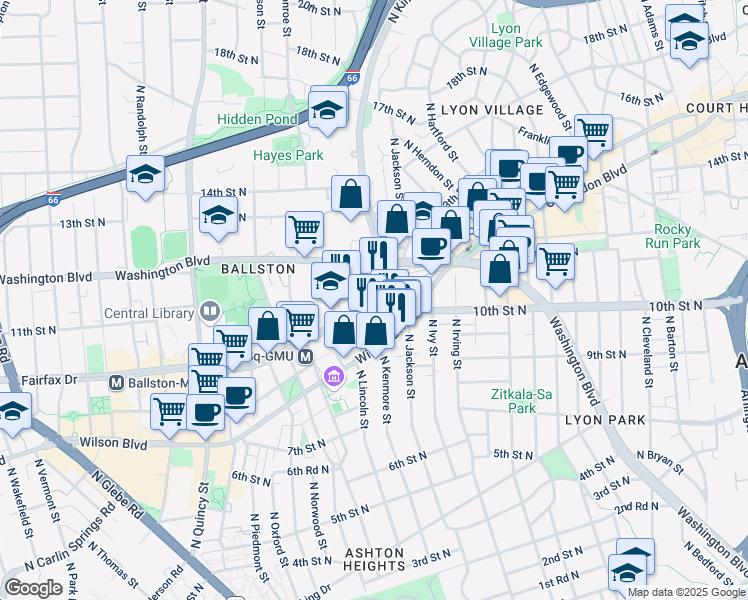 map of restaurants, bars, coffee shops, grocery stores, and more near 3301 Fairfax Drive in Arlington