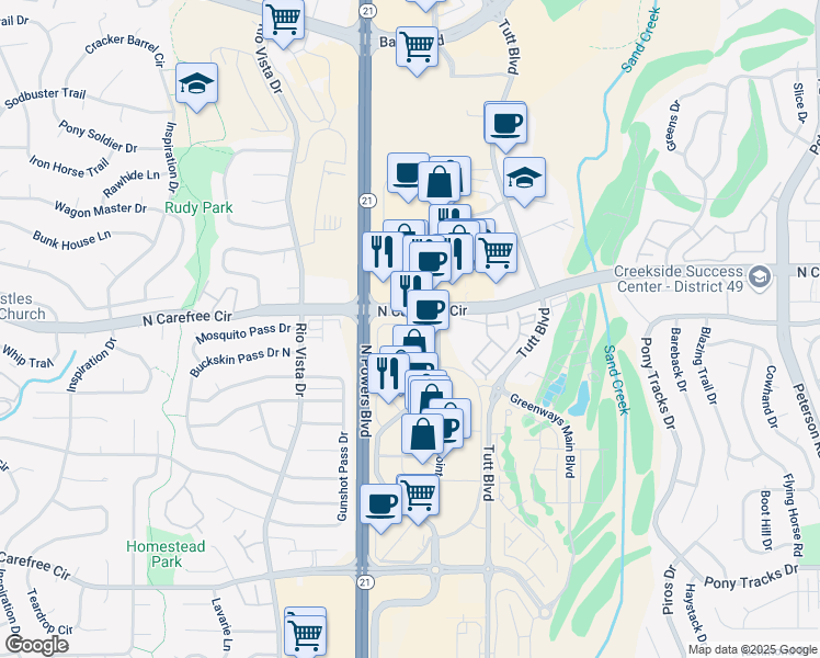 map of restaurants, bars, coffee shops, grocery stores, and more near 3690 New Center Point in Colorado Springs