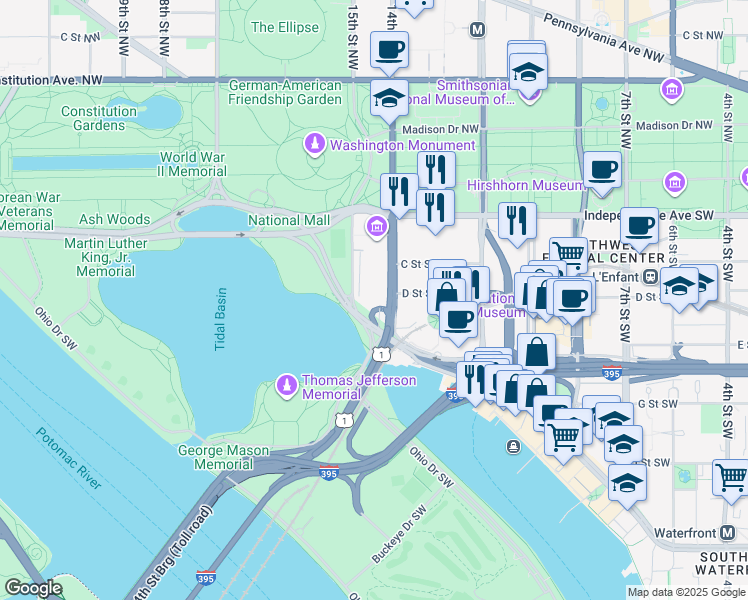 map of restaurants, bars, coffee shops, grocery stores, and more near 101 Independence Avenue Southeast in Washington