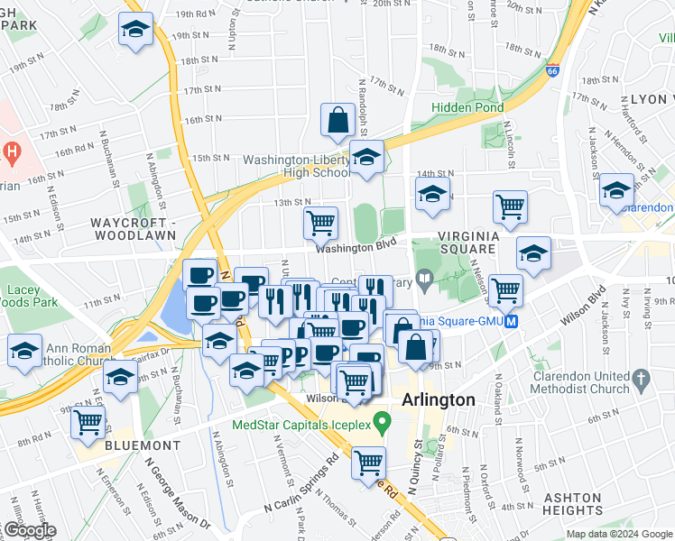 map of restaurants, bars, coffee shops, grocery stores, and more near 1123 North Stuart Street in Arlington