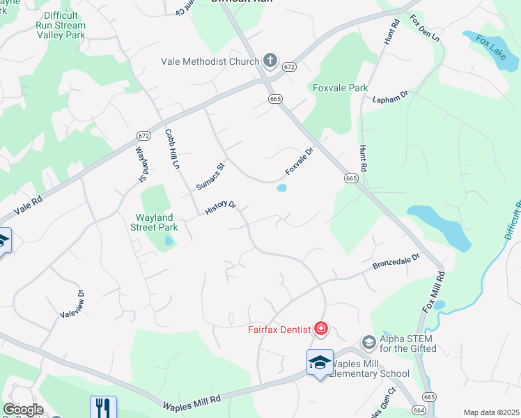 map of restaurants, bars, coffee shops, grocery stores, and more near 11698 Fox Glen Drive in Oakton