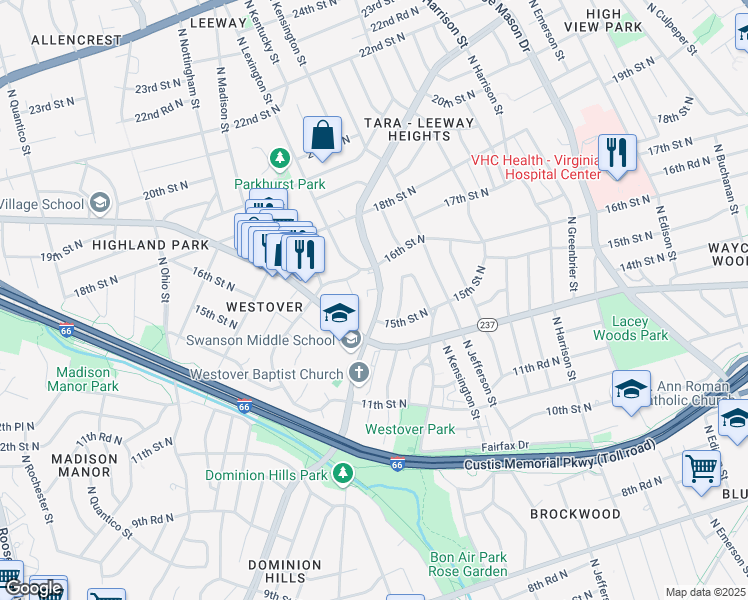 map of restaurants, bars, coffee shops, grocery stores, and more near 1416 Patrick Henry Drive in Arlington