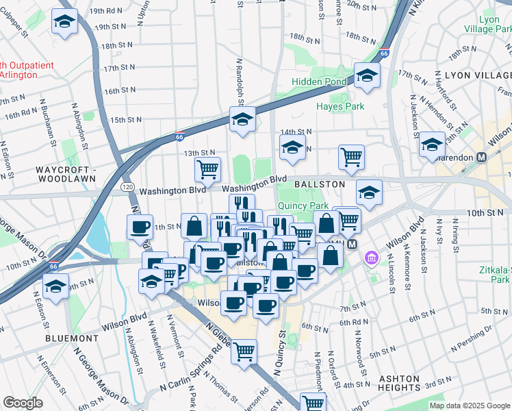 map of restaurants, bars, coffee shops, grocery stores, and more near 1111 North Randolph Street in Arlington