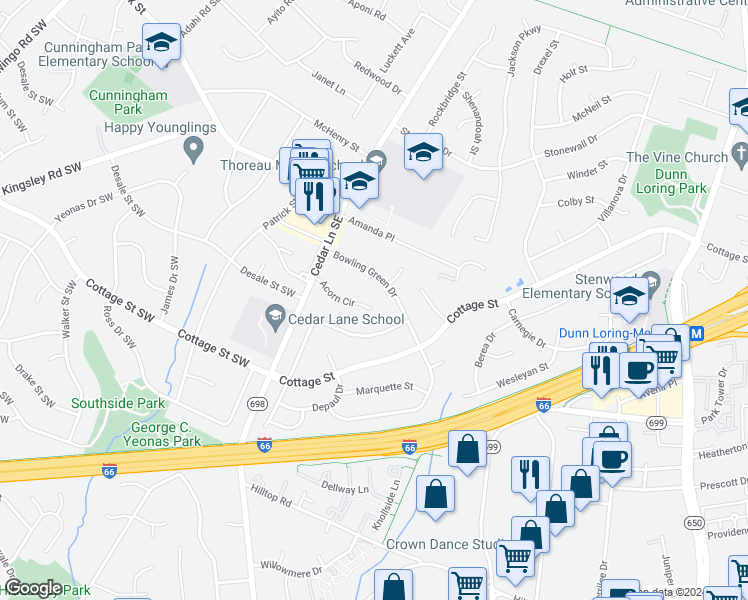 map of restaurants, bars, coffee shops, grocery stores, and more near 8526 Acorn Circle in Vienna