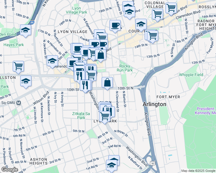 map of restaurants, bars, coffee shops, grocery stores, and more near 1003B North Daniel Street in Arlington