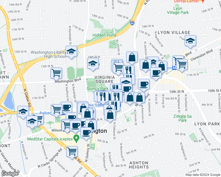 map of restaurants, bars, coffee shops, grocery stores, and more near 3625 10th Street North in Arlington