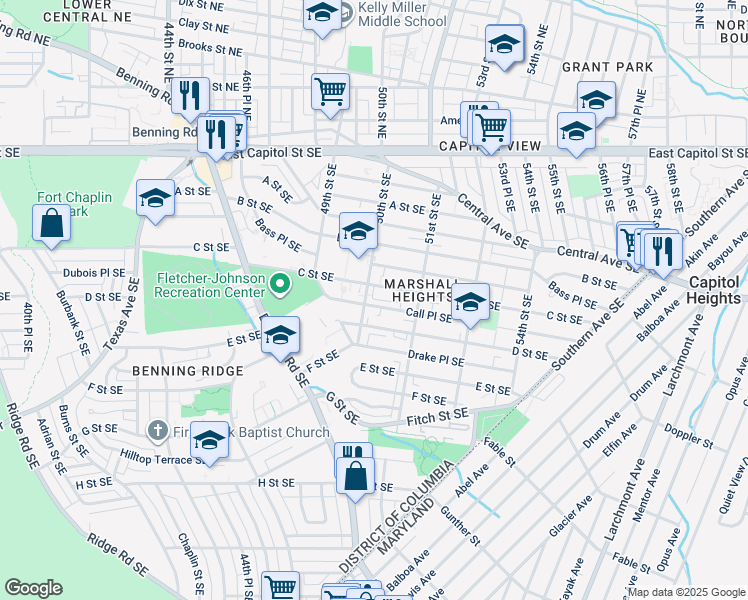 map of restaurants, bars, coffee shops, grocery stores, and more near 5000 Call Place Southeast in Washington