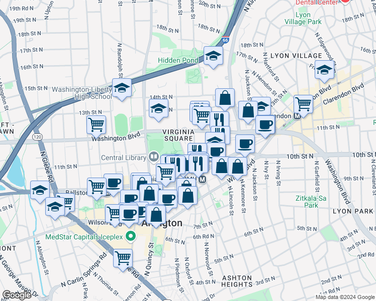 map of restaurants, bars, coffee shops, grocery stores, and more near 3625 10th Road North in Arlington