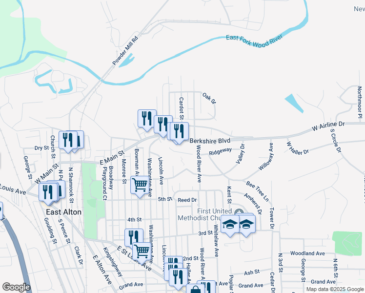 map of restaurants, bars, coffee shops, grocery stores, and more near 634 Berkshire Boulevard in East Alton