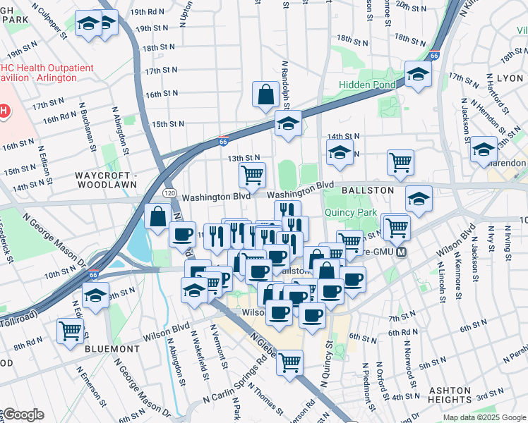 map of restaurants, bars, coffee shops, grocery stores, and more near 1123 North Stuart Street in Arlington