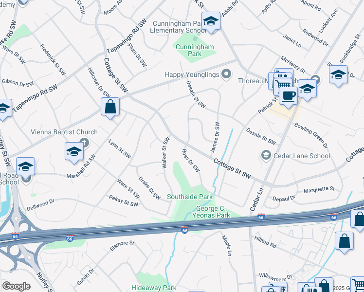 map of restaurants, bars, coffee shops, grocery stores, and more near 1201 Ross Drive Southwest in Vienna