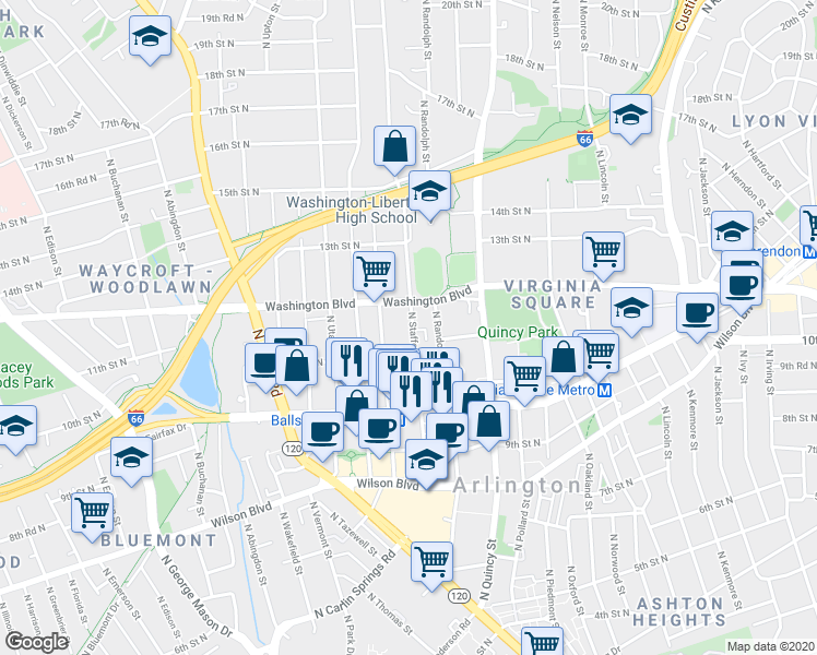 map of restaurants, bars, coffee shops, grocery stores, and more near 1120 North Stafford Street in Arlington