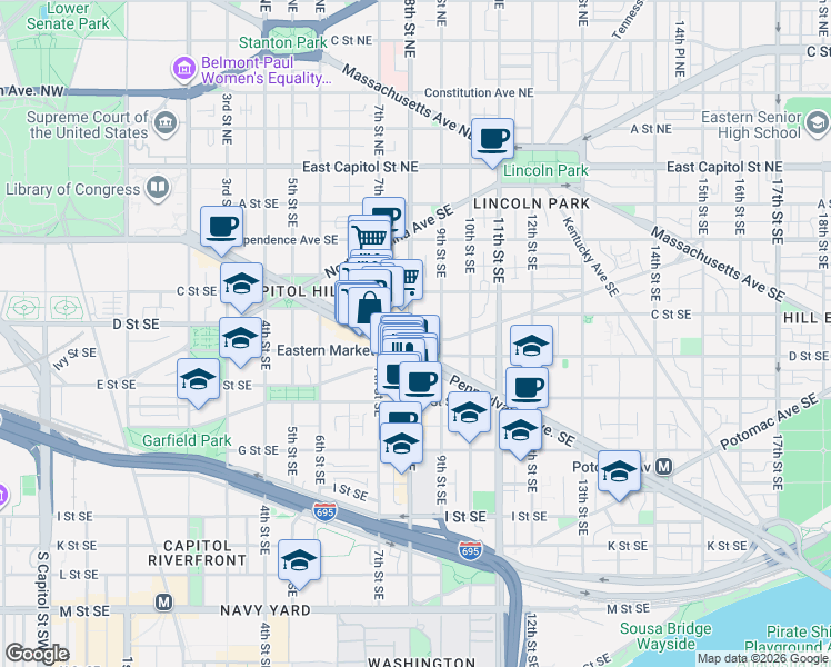map of restaurants, bars, coffee shops, grocery stores, and more near 101 Independence Avenue Southeast in Washington