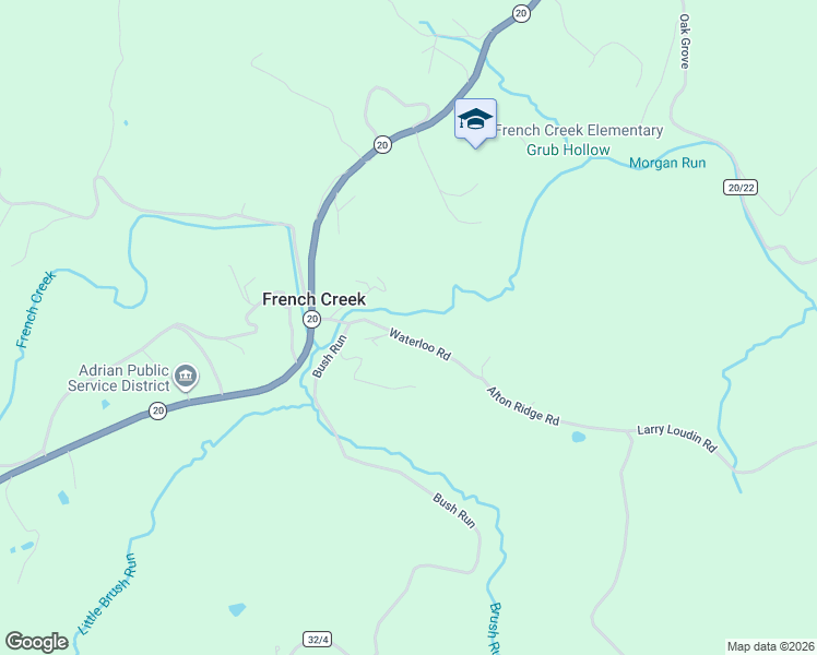 map of restaurants, bars, coffee shops, grocery stores, and more near 301-389 Waterloo Road in Buckhannon