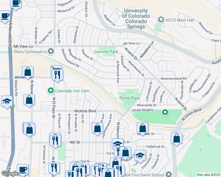 map of restaurants, bars, coffee shops, grocery stores, and more near 3716 Scott Lane in Colorado Springs
