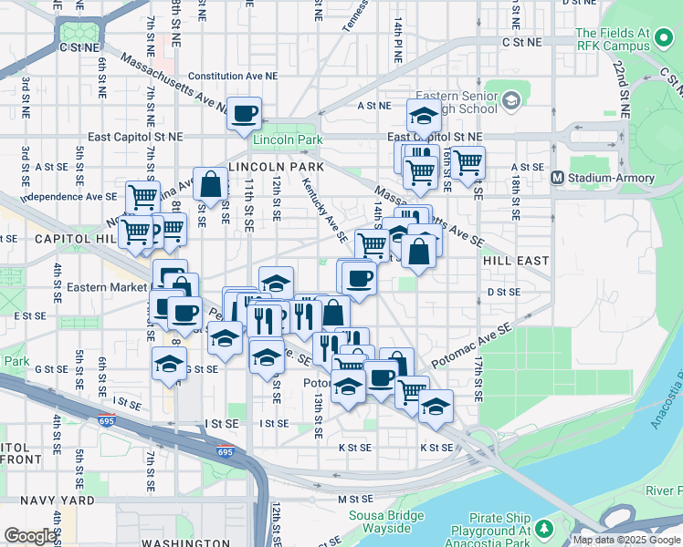map of restaurants, bars, coffee shops, grocery stores, and more near 101 Independence Avenue Southeast in Washington
