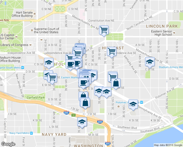 map of restaurants, bars, coffee shops, grocery stores, and more near 101 Independence Avenue Southeast in Washington