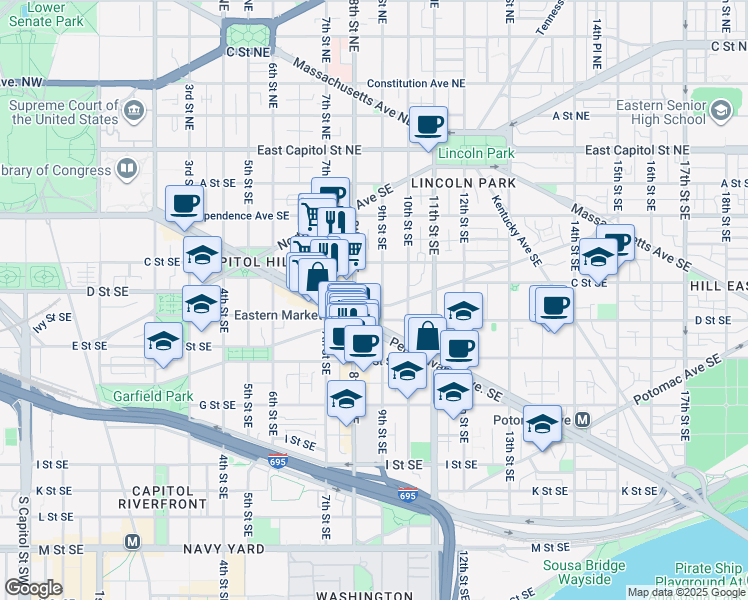 map of restaurants, bars, coffee shops, grocery stores, and more near 101 Independence Avenue Southeast in Washington
