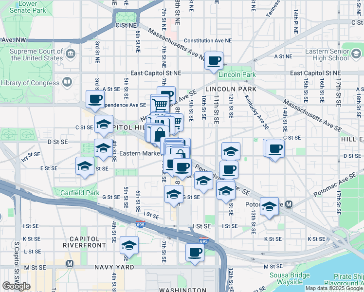 map of restaurants, bars, coffee shops, grocery stores, and more near 804 D Street Southeast in Washington