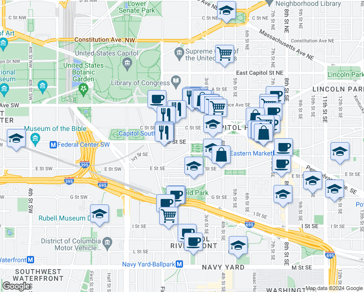 map of restaurants, bars, coffee shops, grocery stores, and more near 101 Independence Avenue Southeast in Washington