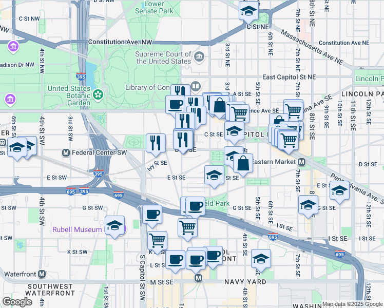 map of restaurants, bars, coffee shops, grocery stores, and more near 101 Independence Avenue Southeast in Washington