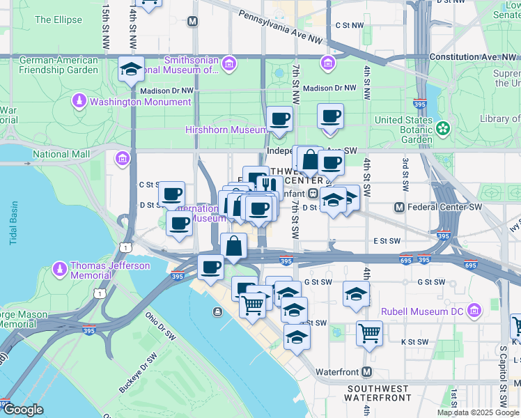 map of restaurants, bars, coffee shops, grocery stores, and more near 101 Independence Avenue Southeast in Washington