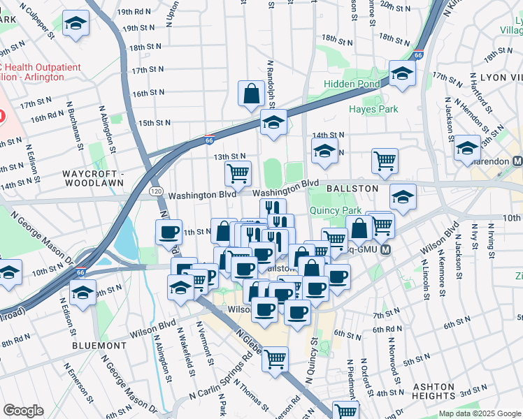 map of restaurants, bars, coffee shops, grocery stores, and more near 1120 North Stafford Street in Arlington
