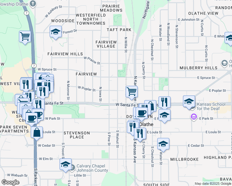 map of restaurants, bars, coffee shops, grocery stores, and more near 224 North Pine Street in Olathe