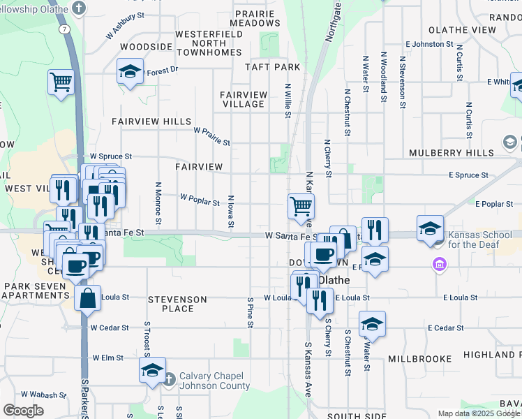 map of restaurants, bars, coffee shops, grocery stores, and more near 224 North Pine Street in Olathe