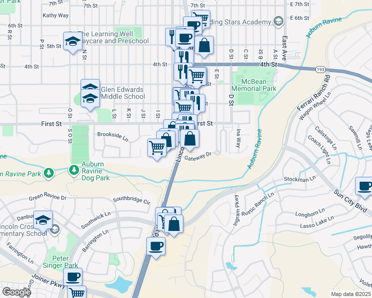map of restaurants, bars, coffee shops, grocery stores, and more near 110 Gateway Drive in Lincoln