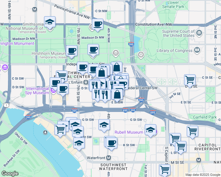 map of restaurants, bars, coffee shops, grocery stores, and more near 400 4th Street Southwest in Washington