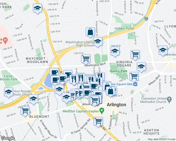map of restaurants, bars, coffee shops, grocery stores, and more near 1125B North Stuart Street in Arlington