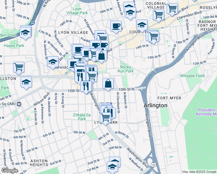 map of restaurants, bars, coffee shops, grocery stores, and more near 1003B North Daniel Street in Arlington